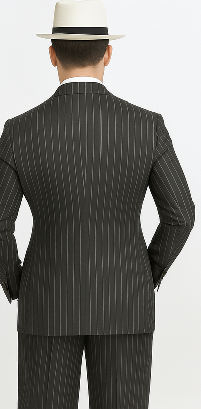 Mens Double Breasted Gangster Pinstripe Six Button Suit in Charcoal and Olive 2   - from alligatorwarehouse.com