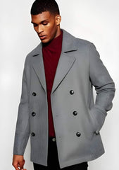 Men's Double Breasted Light Grey ~ Wine Wool Coat