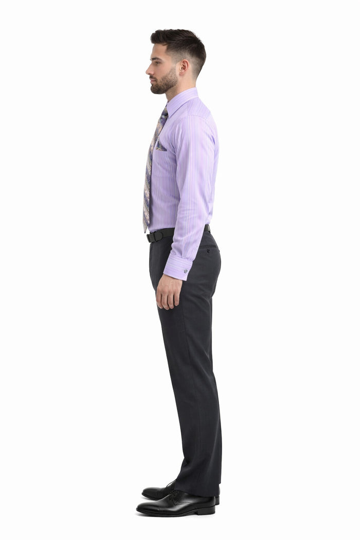 Men's Tonal Stripe French Cuff Dress Shirt, Tie & Hanky Set in Lavender