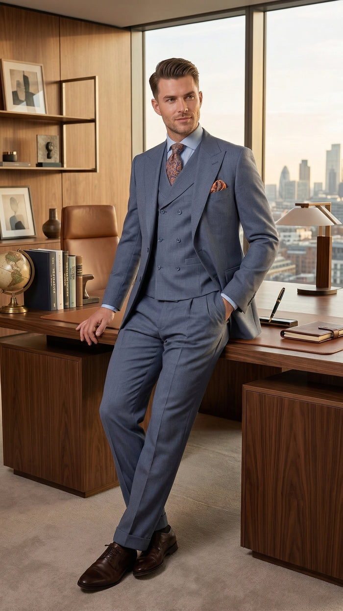 Mens Dusty Blue 3 Piece Suit 100% Wool Fabric – Classic Fit Wide Leg Pleated Pants Double Breasted Vest Formal Business Church Suit By Apollo King
