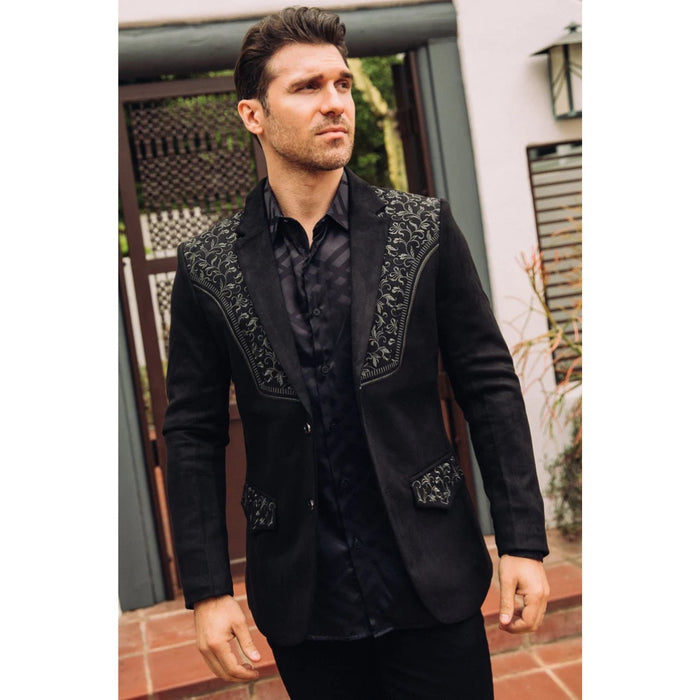 Platini Men’s Black Suede Blazer with Embroidered Detail