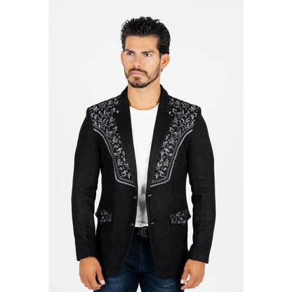 Platini Men’s Black Suede Blazer with Embroidered Detail