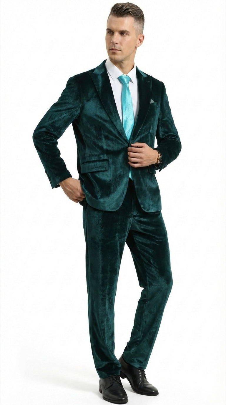 Mens Emerald Green Teal Blue Velvet Suit – Luxury Two Piece Formal Evening Suit
