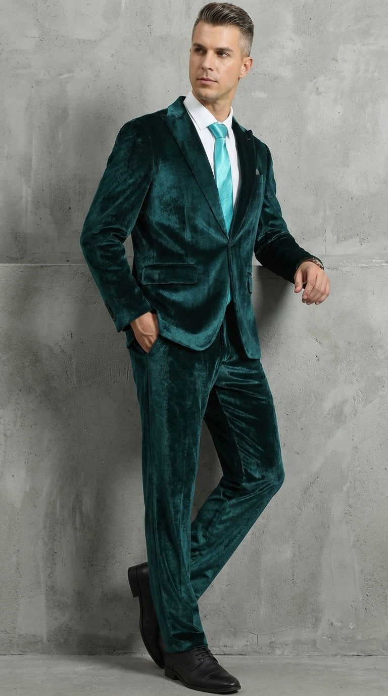 Mens Emerald Green Teal Blue Velvet Suit – Luxury Two Piece Formal Evening Suit