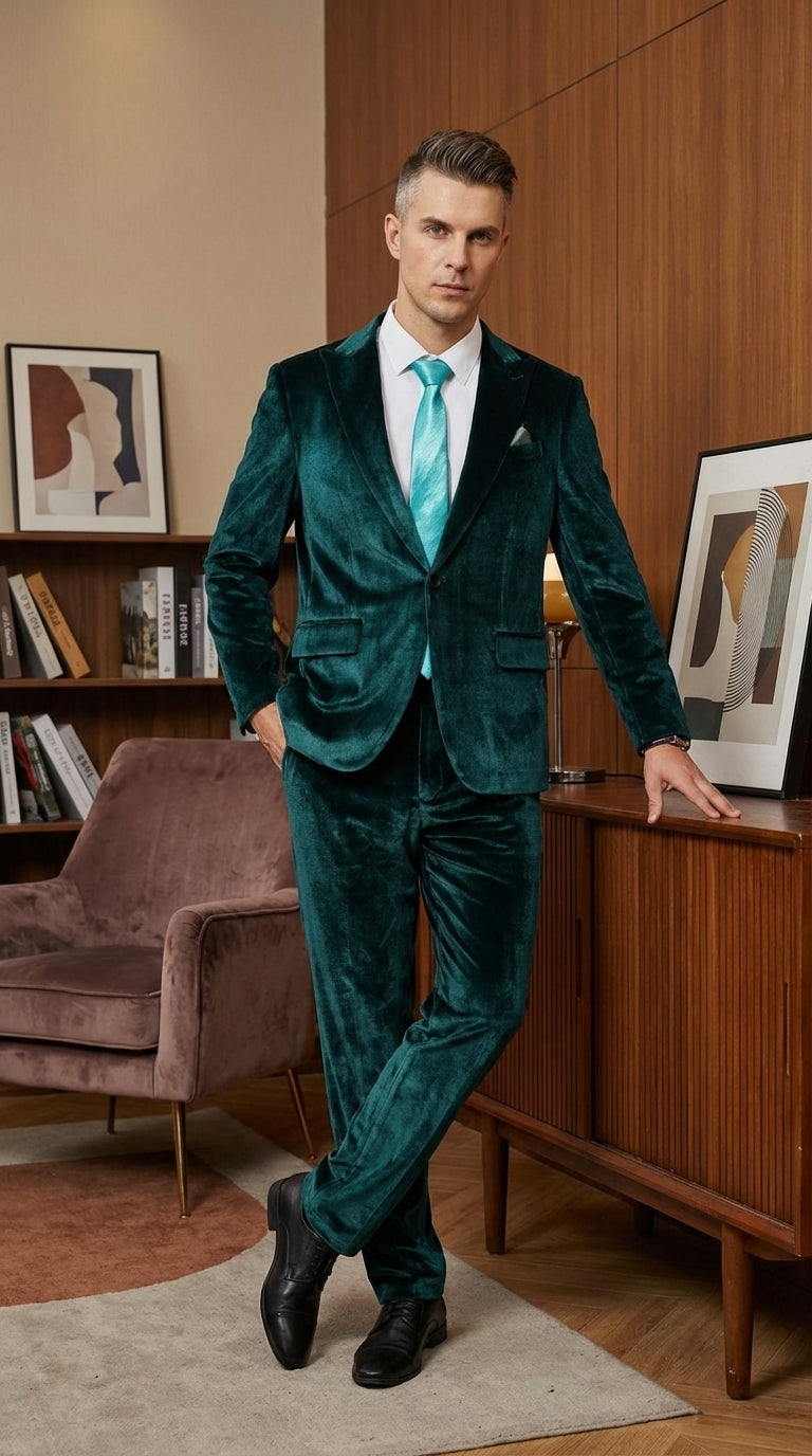 Mens Emerald Green Teal Blue Velvet Suit – Luxury Two Piece Formal Evening Suit