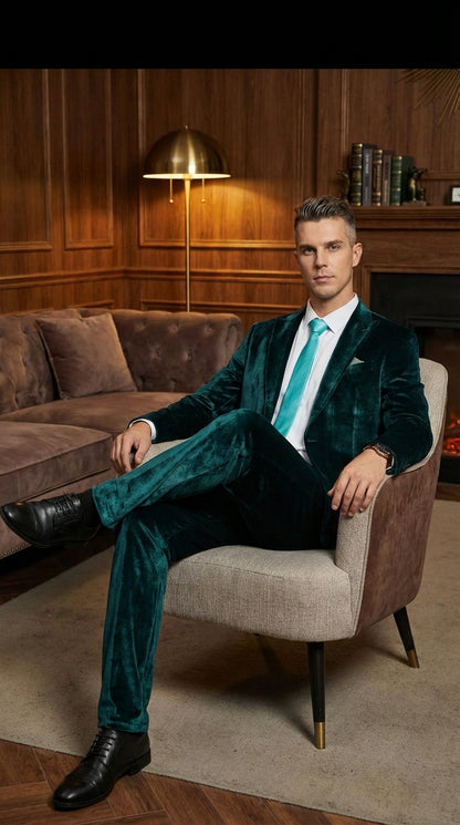Mens Emerald Green Teal Blue Velvet Suit – Luxury Two Piece Formal Evening Suit