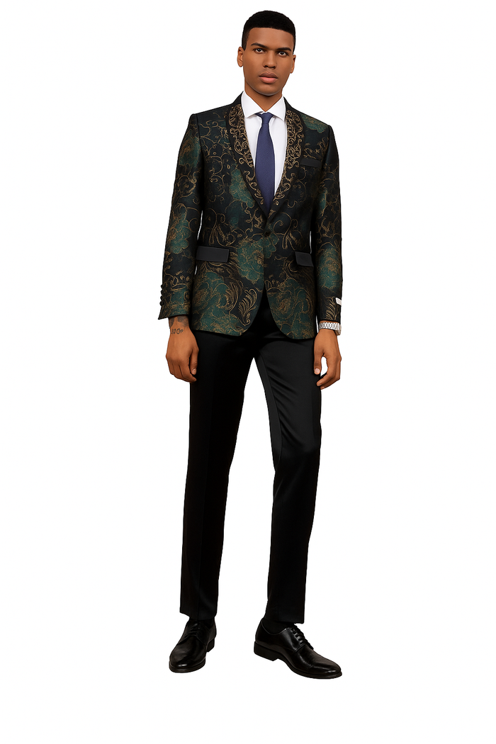 Men's Stacy Adam's Designer Prom & Wedding Tuxedo Jacket In Green & Gold Floral Paisley