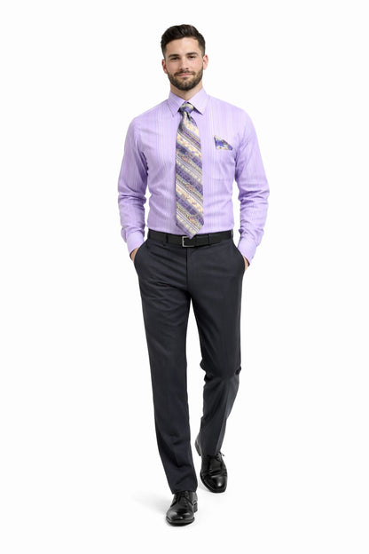 Men's Tonal Stripe French Cuff Dress Shirt, Tie & Hanky Set in Lavender