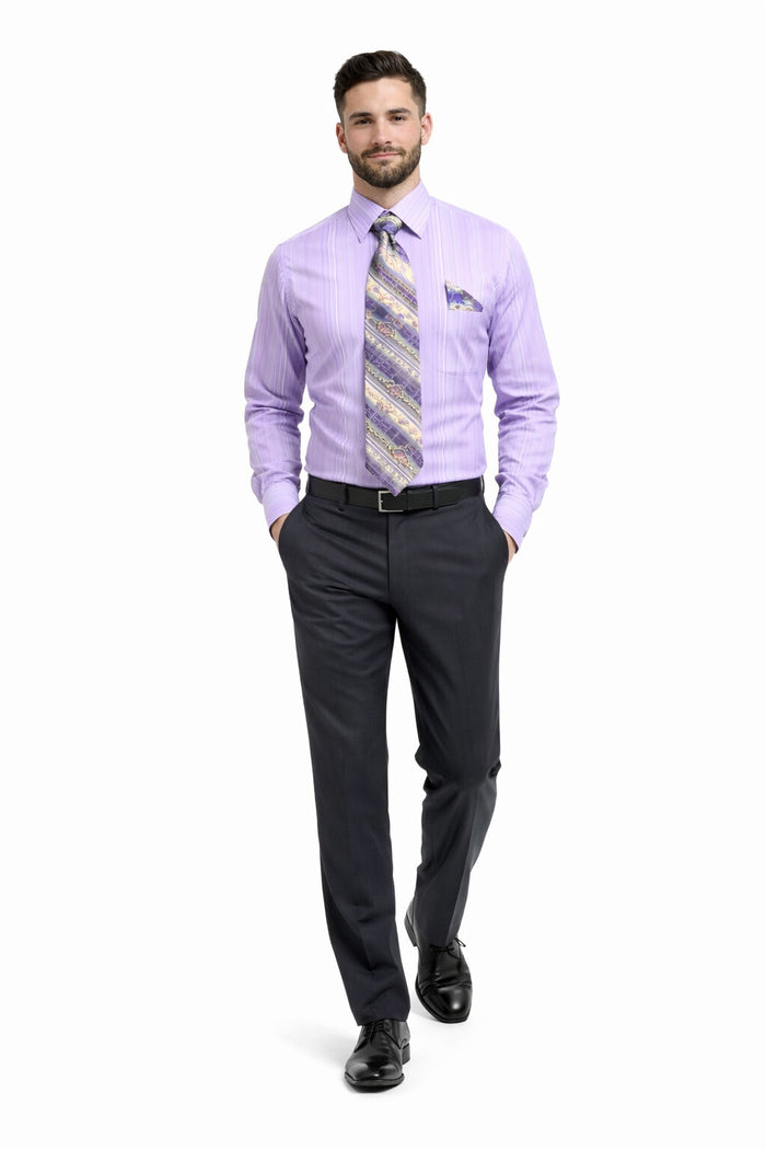 Men's Tonal Stripe French Cuff Dress Shirt, Tie & Hanky Set in Lavender