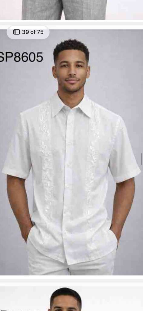 Men’s White Embroidered Walking Suit Set, Short Sleeve Shirt and Pants Casual Summer Outfit