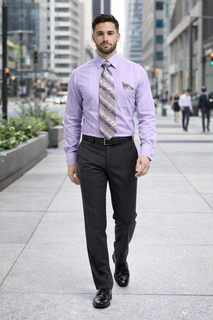 Men's Tonal Stripe French Cuff Dress Shirt, Tie & Hanky Set in Lavender