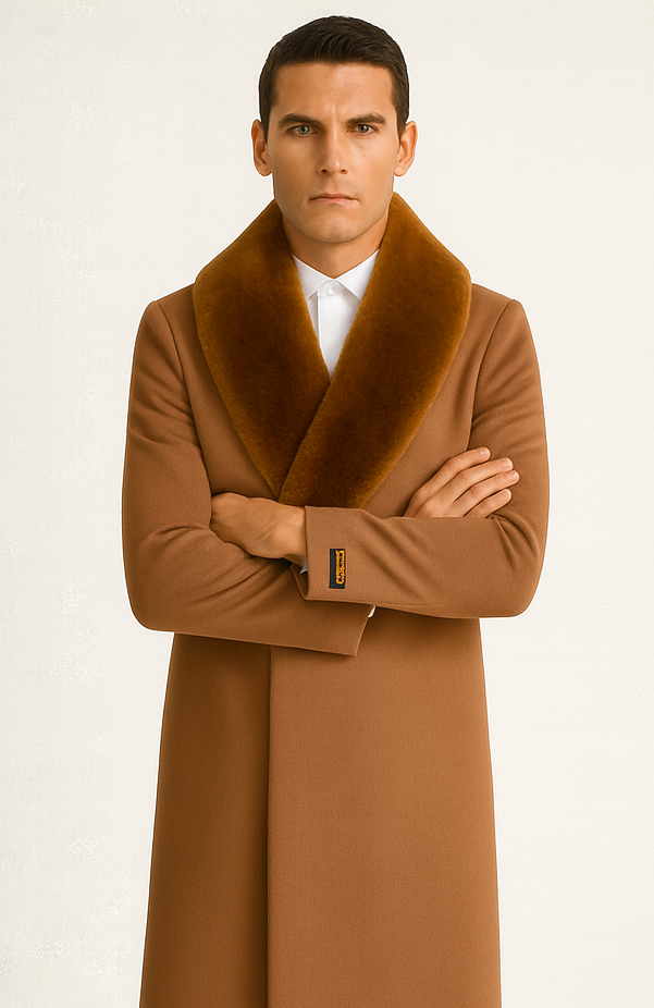 Mens Full Length And Cashmere Overcoat - Winter Topcoats - Light Brown Coat - Dark Camel - Vecuna Color 5   - from alligatorwarehouse.com
