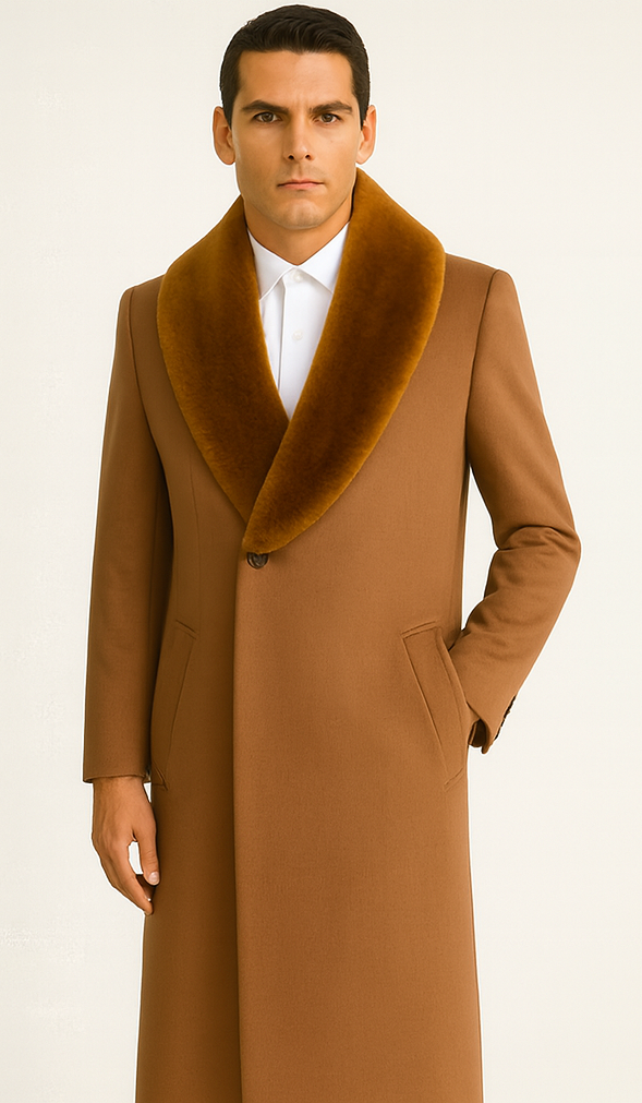 Mens Full Length And Cashmere Overcoat - Winter Topcoats - Light Brown Coat - Dark Camel - Vecuna Color 8   - from alligatorwarehouse.com