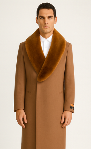 Mens Full Length And Cashmere Overcoat - Winter Topcoats - Light Brown Coat - Dark Camel - Vecuna Color