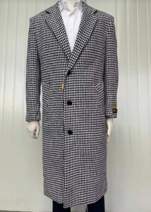 Mens Full Length Wool and Cashmere Overcoat - Winter Topcoats - Black and White Coat