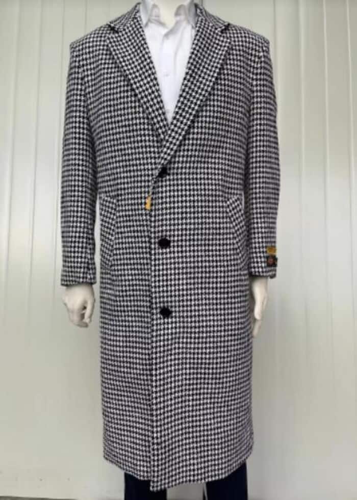 Mens Full Length Wool and Cashmere Overcoat - Winter Topcoats - Black and White Coat