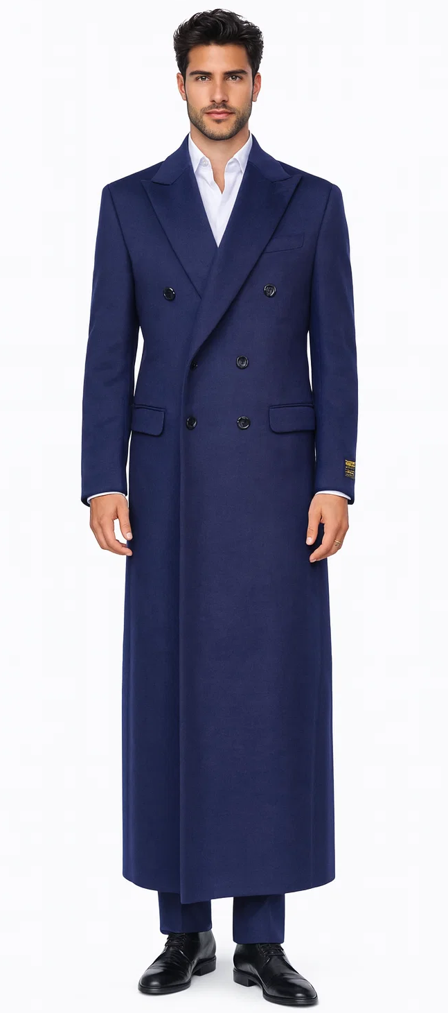 Mens Full Length Wool and Cashmere Overcoat - Winter Topcoats - Blue Coat