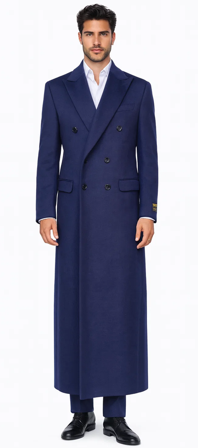 Mens Full Length Wool and Cashmere Overcoat - Winter Topcoats - Blue Coat