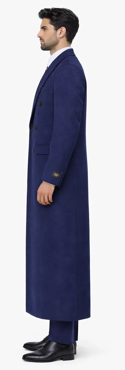 Mens Full Length Wool and Cashmere Overcoat - Winter Topcoats - Blue Coat