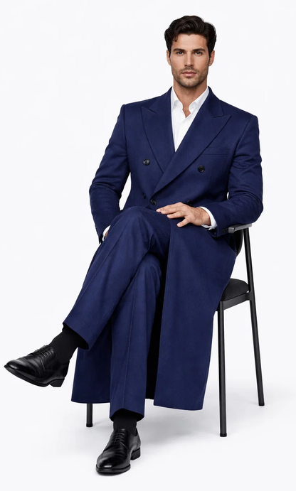 Mens Full Length Wool and Cashmere Overcoat - Winter Topcoats - Blue Coat