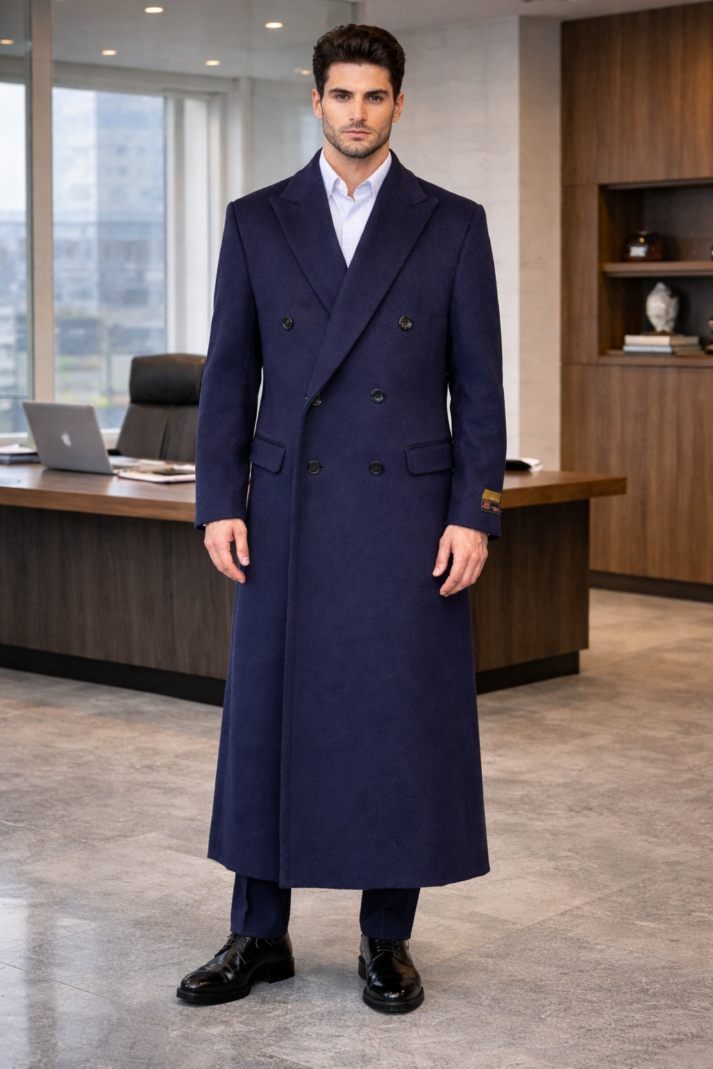 Mens Full Length Wool and Cashmere Overcoat - Winter Topcoats - Blue Coat