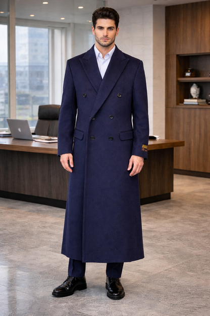 Mens Full Length Wool and Cashmere Overcoat - Winter Topcoats - Blue Coat