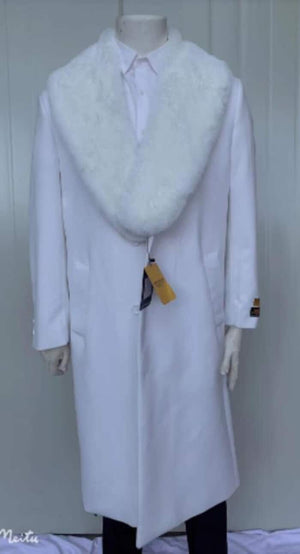 Mens Full Length Wool and Cashmere Overcoat - Winter Topcoats - White coat with collar