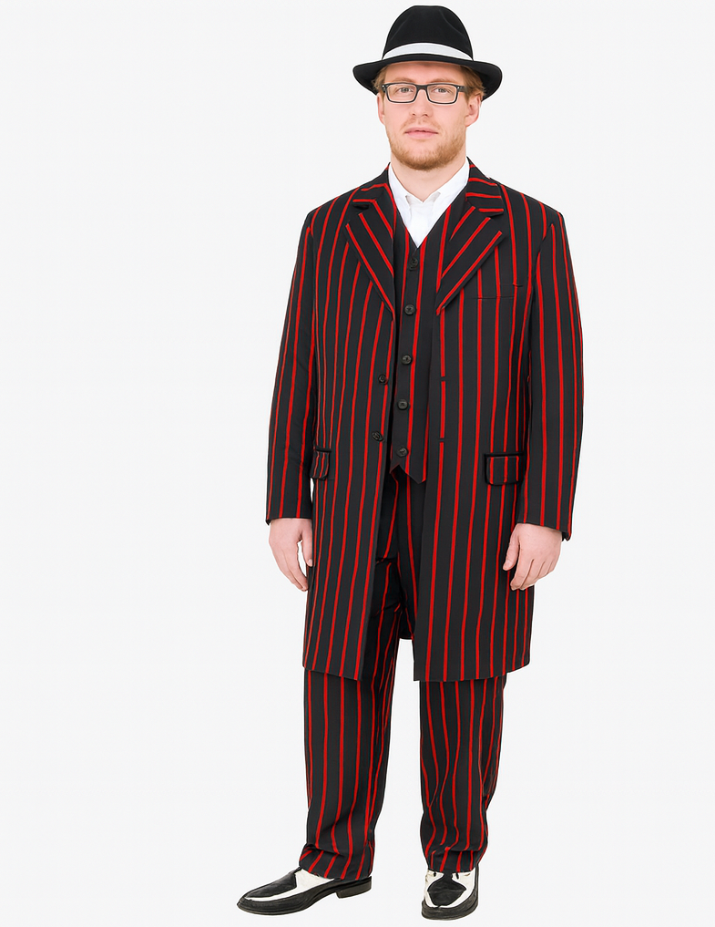 Mens Gangster Zoot Suit in 3 Colors  Chalk Stripe - Black and Red - Black and Gold - Black and White 1 Zoot-200  - from alligatorwarehouse.com