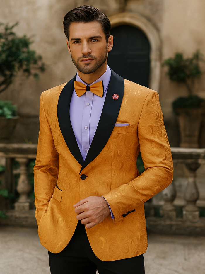 Men’s Gold Tuxedo Jacket with Black Shawl Lapel – Formal Wear