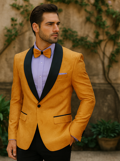 Men’s Gold Tuxedo Jacket with Black Shawl Lapel – Formal Wear