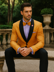 Men’s Gold Tuxedo Jacket with Black Shawl Lapel – Formal Wear