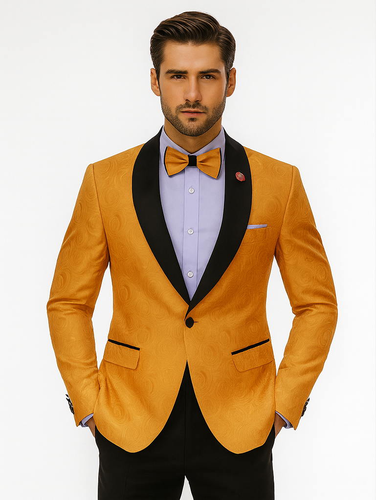 Men’s Gold Tuxedo Jacket with Black Shawl Lapel – Formal Wear