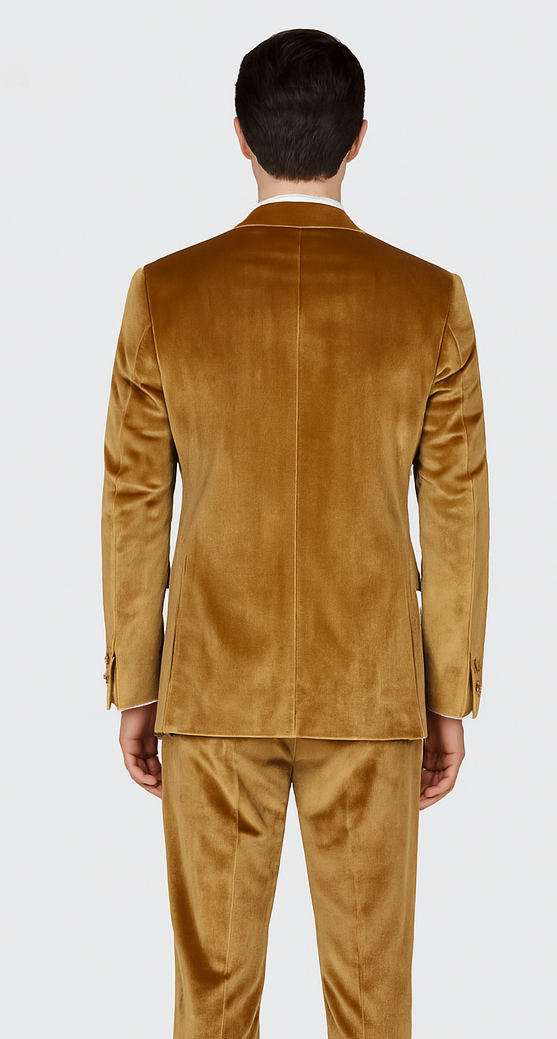 Men’s Gold Velvet Peak Lapel Suit – 2-Piece Skinny Fit Tazzio Formalwear