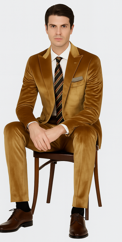 Men’s Gold Velvet Peak Lapel Suit – 2-Piece Skinny Fit Tazzio Formalwear