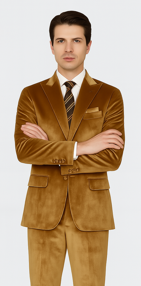 Men’s Gold Velvet Peak Lapel Suit – 2-Piece Skinny Fit Tazzio Formalwear