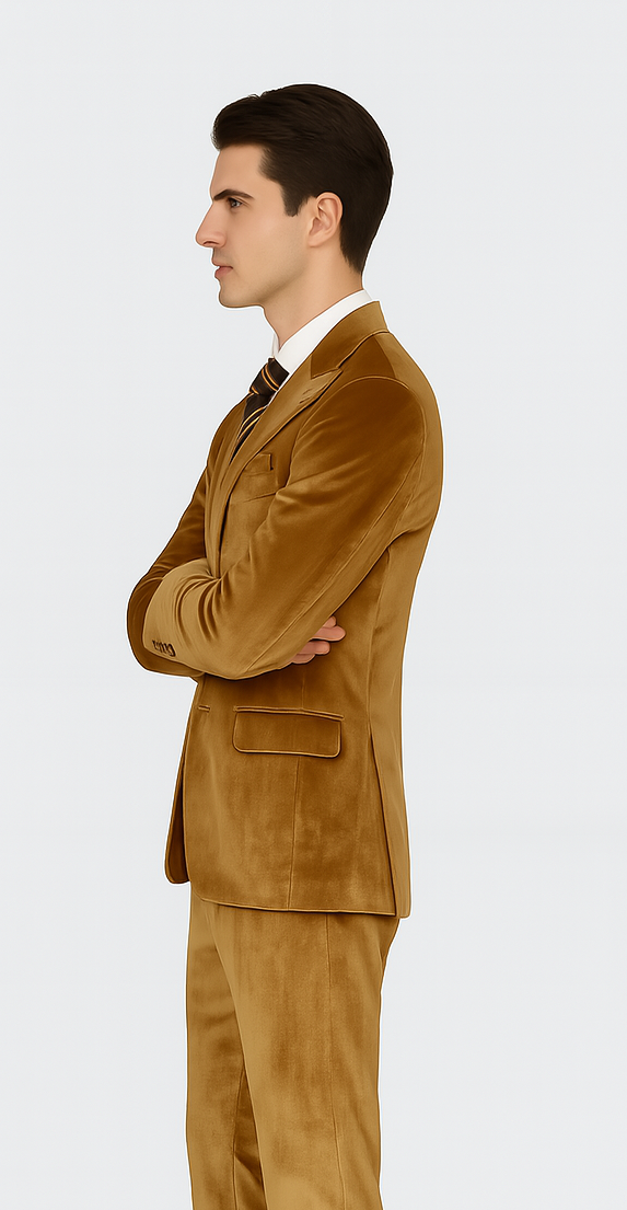 Men’s Gold Velvet Peak Lapel Suit – 2-Piece Skinny Fit Tazzio Formalwear