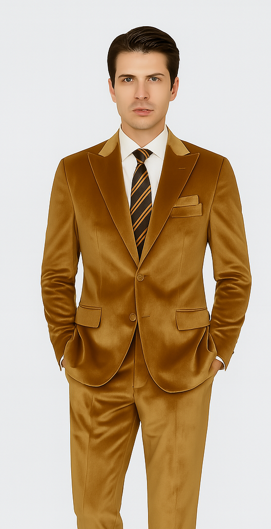 Men’s Gold Velvet Peak Lapel Suit – 2-Piece Skinny Fit Tazzio Formalwear
