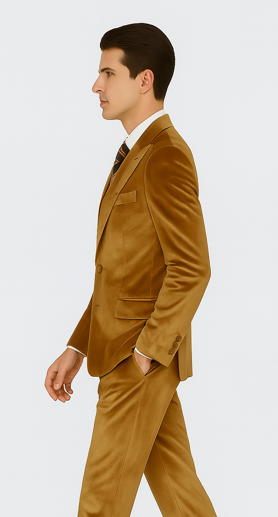 Men’s Gold Velvet Peak Lapel Suit – 2-Piece Skinny Fit Tazzio Formalwear