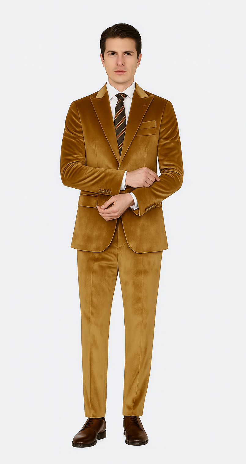 Men’s Gold Velvet Peak Lapel Suit – 2-Piece Skinny Fit Tazzio Formalwear
