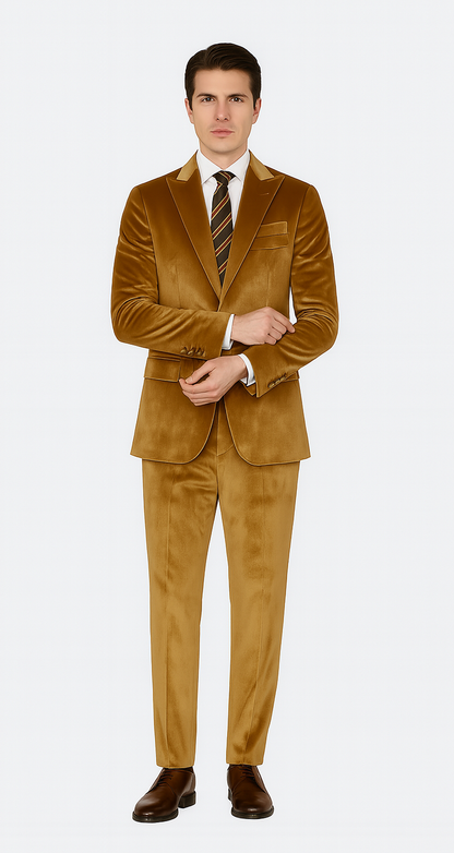 Men’s Gold Velvet Peak Lapel Suit – 2-Piece Skinny Fit Tazzio Formalwear