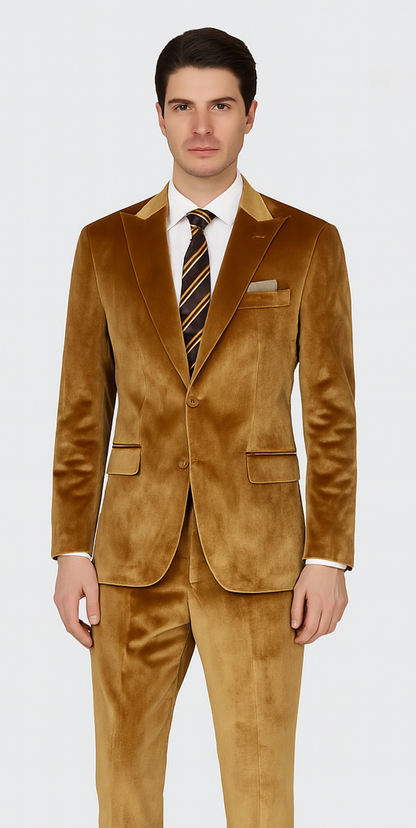 Men’s Gold Velvet Peak Lapel Suit – 2-Piece Skinny Fit Tazzio Formalwear