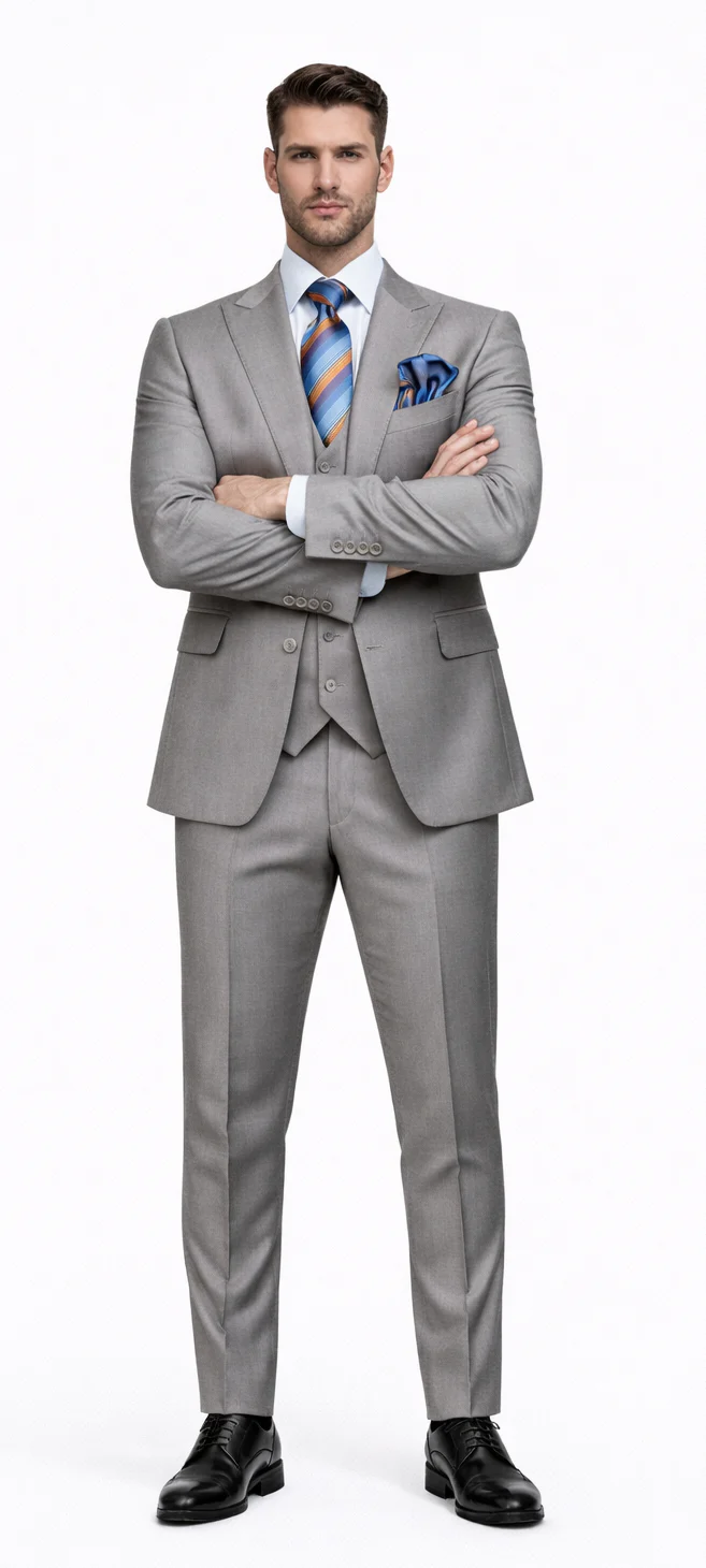 Men's Gray Slim Fit 3-Piece Suit by Rossiman – With Vest & Tailored Trousers