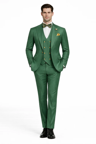 Men’s Green Slim Fit Suit by Rossiman – Stylish Double-Breasted Vest & Flat Front Pants