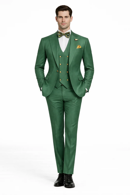 Men’s Green Slim Fit Suit by Rossiman – Stylish Double-Breasted Vest & Flat Front Pants