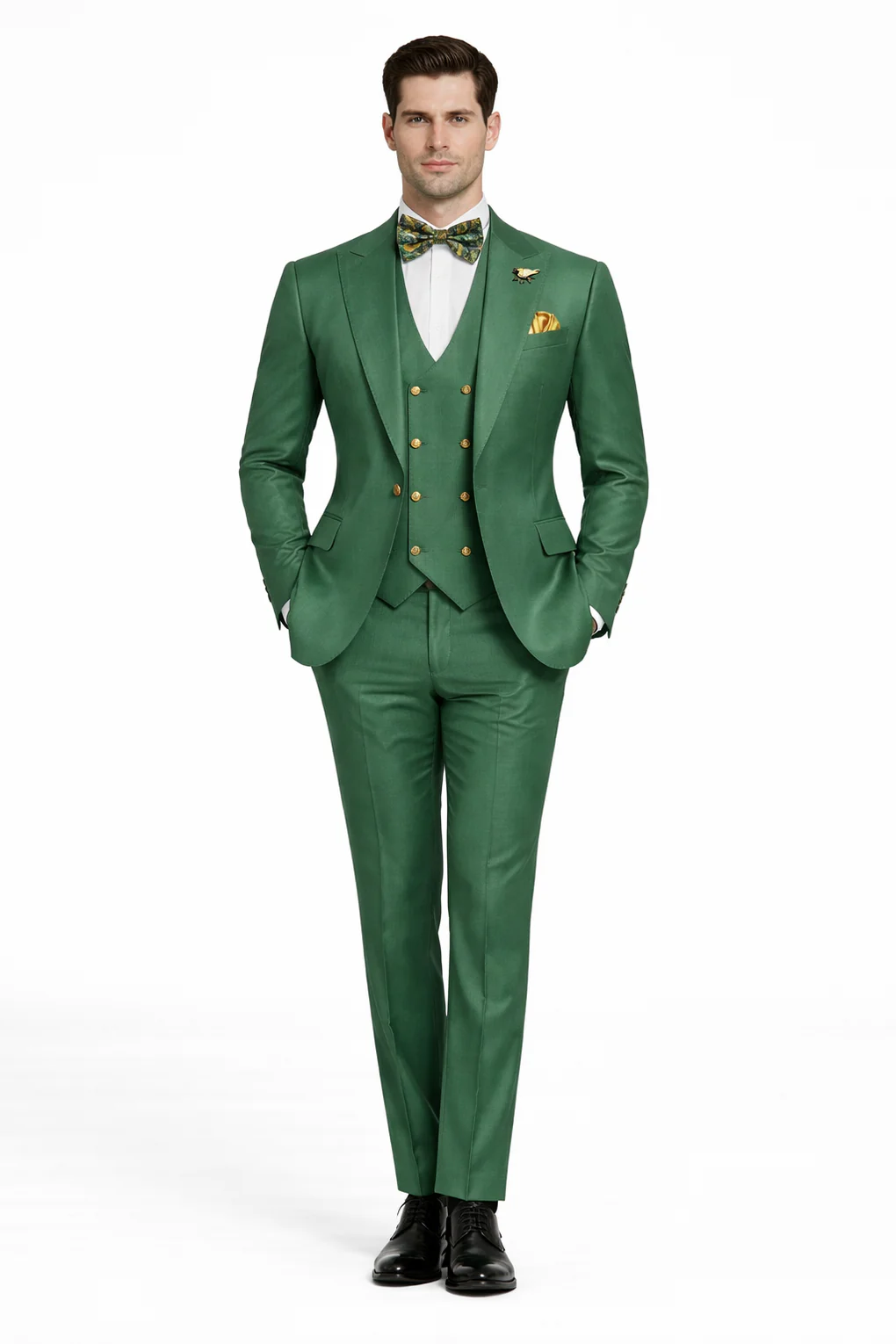 Rossiman Green Men's Slim Fit Suit Double Breast Vest Flat Front Pants