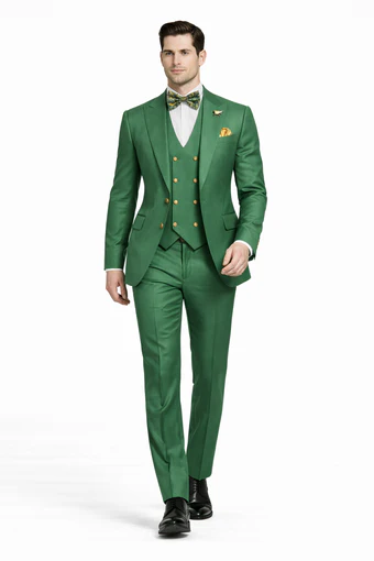 Men’s Green Slim Fit Suit by Rossiman – Stylish Double-Breasted Vest & Flat Front Pants