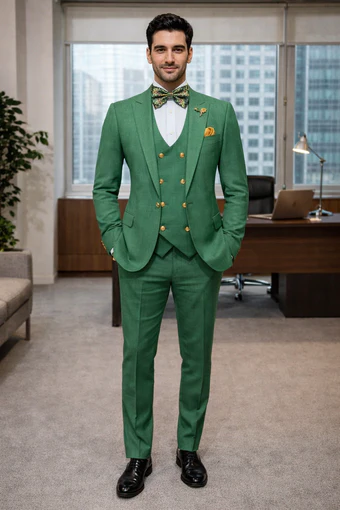 Men’s Green Slim Fit Suit by Rossiman – Stylish Double-Breasted Vest & Flat Front Pants