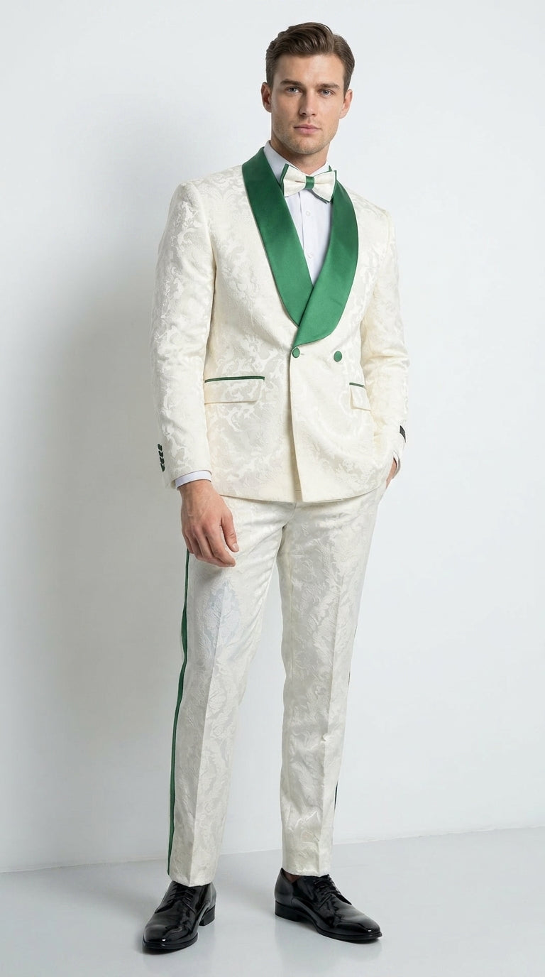 Mens Green & White Tuxedo Suit – White Floral Jacquard Wedding Suit with Green Shawl Lapel