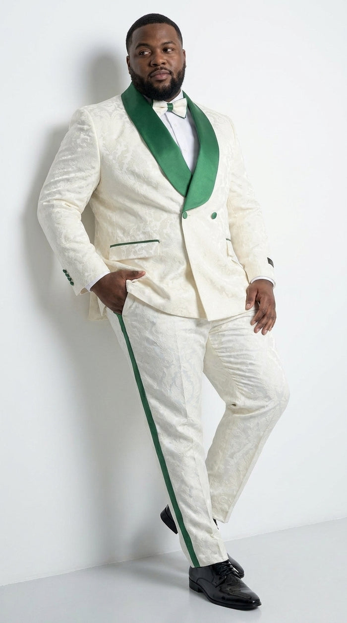 Mens Green & White Tuxedo Suit – White Floral Jacquard Wedding Suit with Green Shawl Lapel