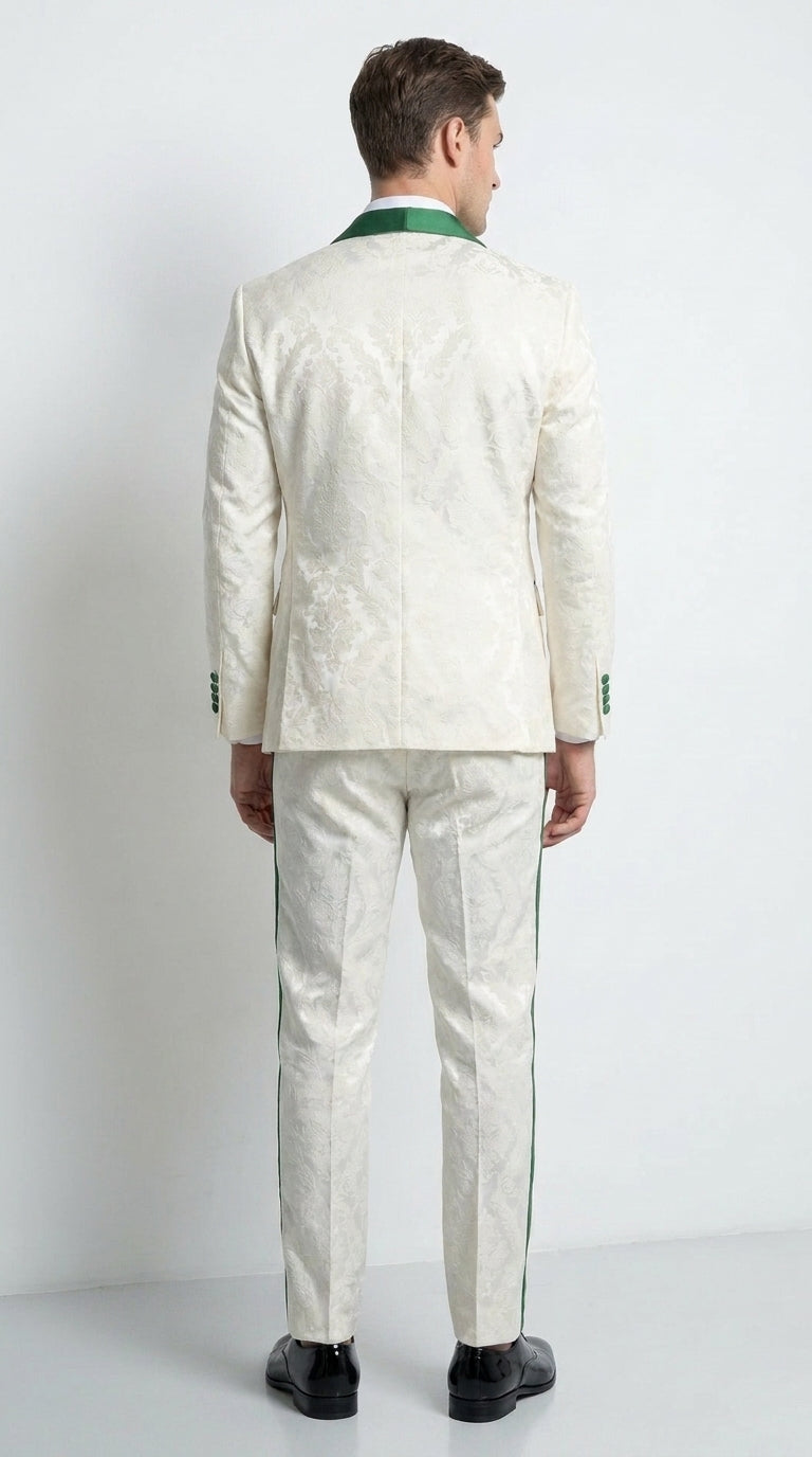 Mens Green & White Tuxedo Suit – White Floral Jacquard Wedding Suit with Green Shawl Lapel